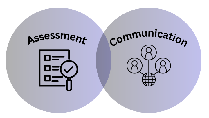 Two circles with the words "assessment" and "communication" written inside them representing Building a Robust Security Infrastructure